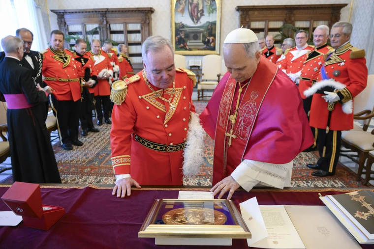 Pope Leo XIV meets with the Order of Malta’s grand master, Fra’ John Dunlap, and members of the Order of Malta on June 23, 2025, at the Vatican.