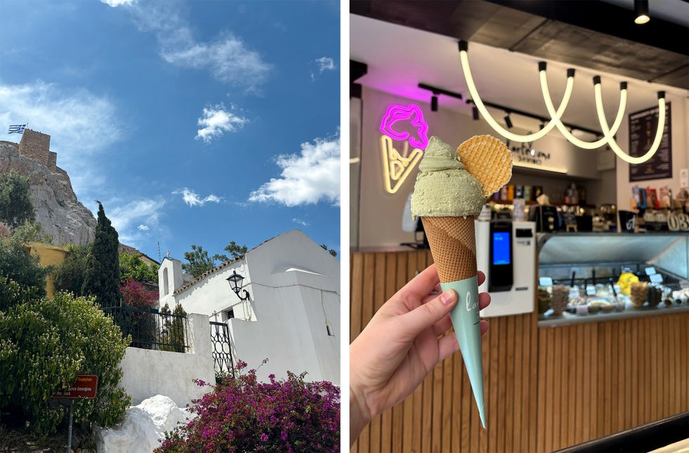 The neighborhood Anafiotika in Athens and a pistachio gelato.