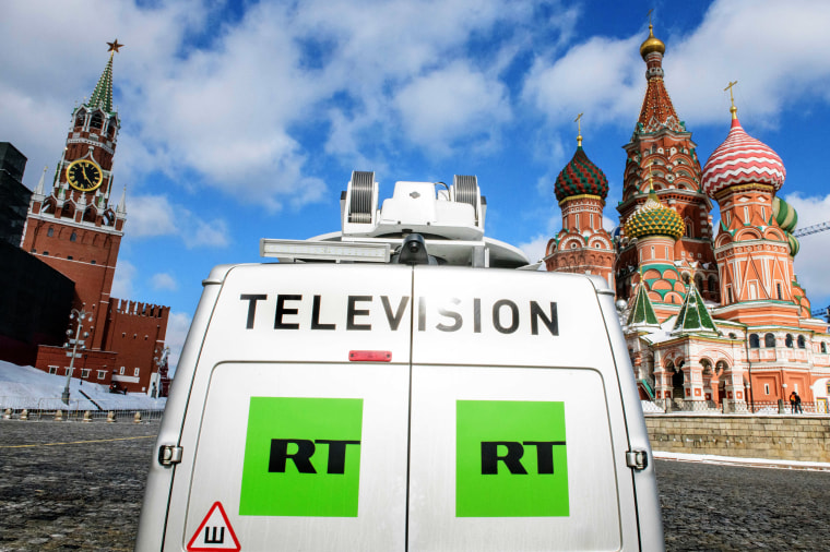 A Russia's state-controlled Russia Today (RT) television broadcast van 