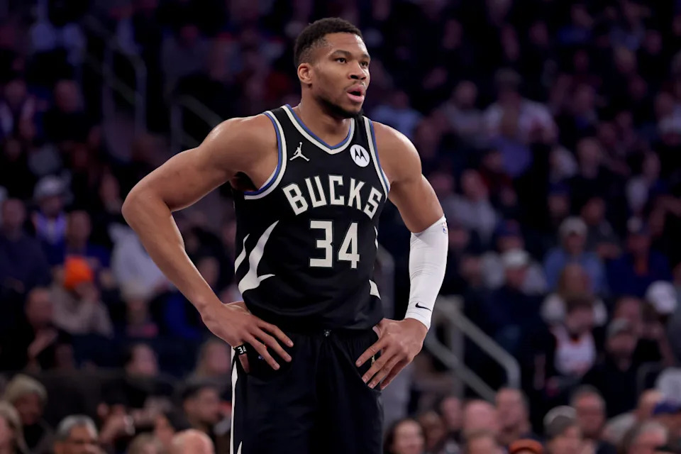 Milwaukee Bucks forward Giannis Antetokounmpo reacts during the first quarter.Brad Penner-Imagn Images