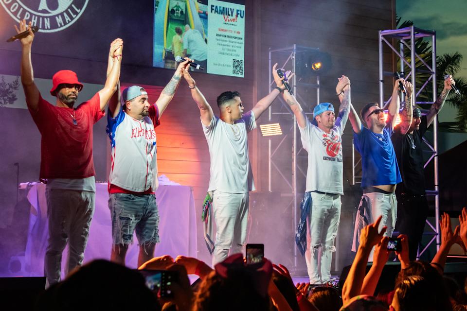 Chris Kirkpatrick, founder of NSYNC, (second from left) stands with members of O-Town and LFO. They will perform during the POP2000 tour at the South Shore Music Circus in Cohasset on Saturday, June 21.