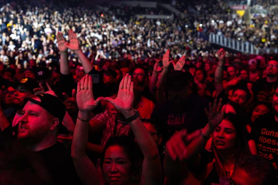 Fans of Wu-Tang Clan cheer as they perform at Crypto.com Arena