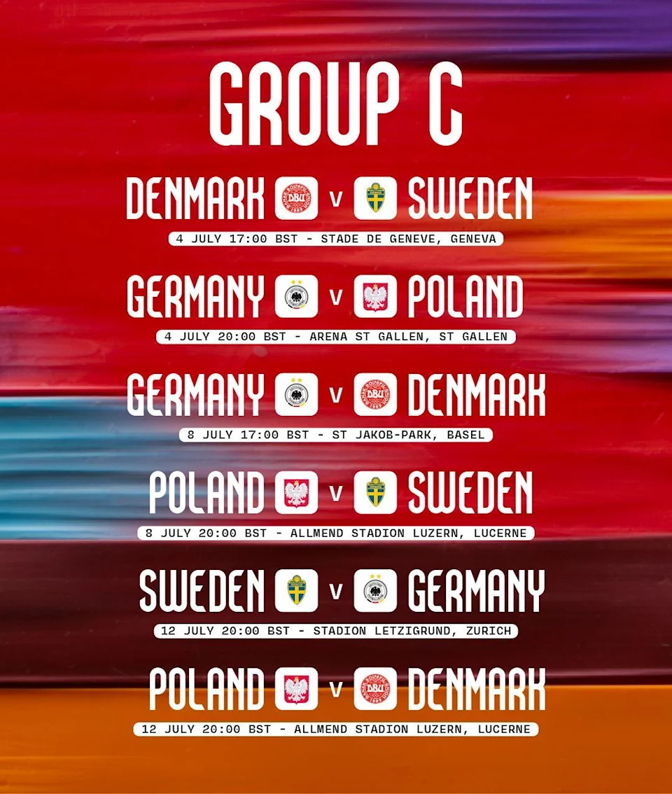 Denmark v Sweden, 4 July, 17:00 BST
Germany v Poland, 4 July, 20:00 BST
Germany v Denmark, 8 July, 17:00 BST
Poland v Sweden, 8 July, 20:00 BST
Sweden v Germany, 12 July, 20:00 BST
Poland v Denmark, 12 July, 20:00 BST