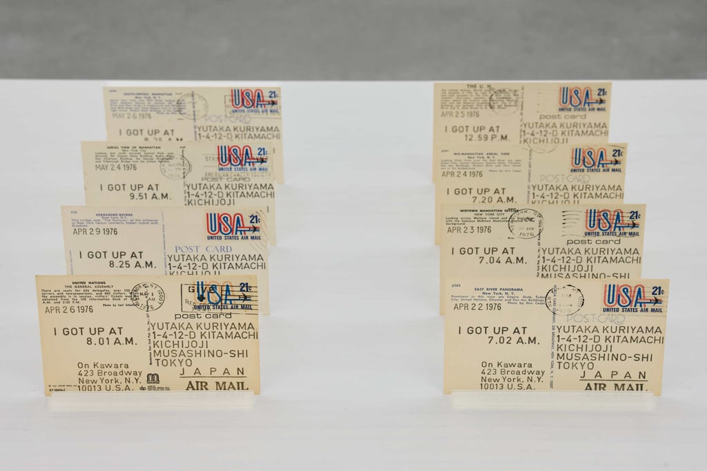The backs of postcards from Japan-born conceptual artist On Kawara’s series “I Got Up” (1968-1979), He posted them to friends with a simple message noting the time he got up that day. They form part of the exhibition “On Kawara: Rules of Freedom, Freedom of Rules” at Tai Kwun Contemporary, Hong Kong. Photo: Kitmin Lee The backs of postcards from Japan-born conceptual artist On Kawara’s series “I Got Up” (1968-1979), He posted them to friends with a simple message noting the time he got up that day. They form part of the exhibition “On Kawara: Rules of Freedom, Freedom of Rules” at Tai Kwun Contemporary, Hong Kong. Photo: Kitmin Lee