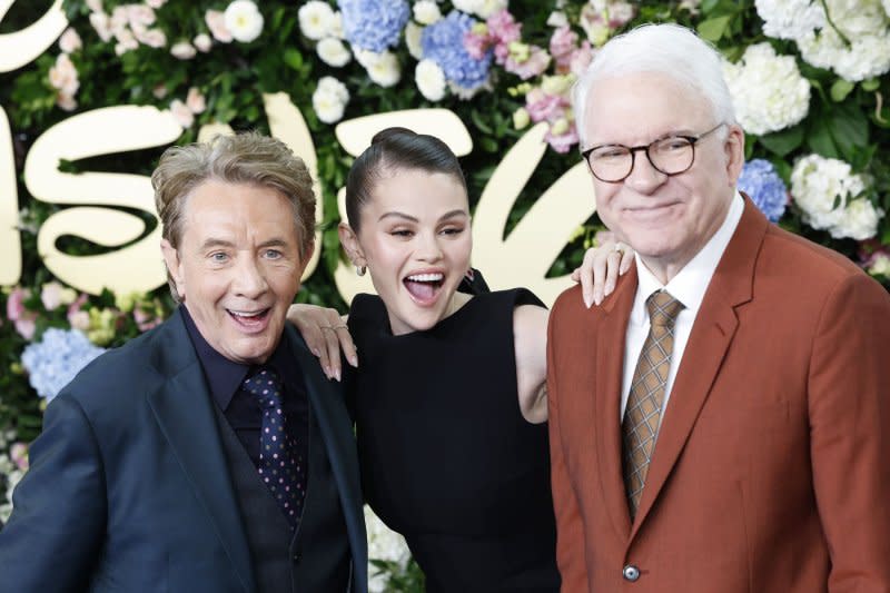 Martin Short, Selena Gomez and Steve Martin, from left to right, arrive on the red carpet at the Disney Upfront on May 13. File Photo by John Angelillo/UPI