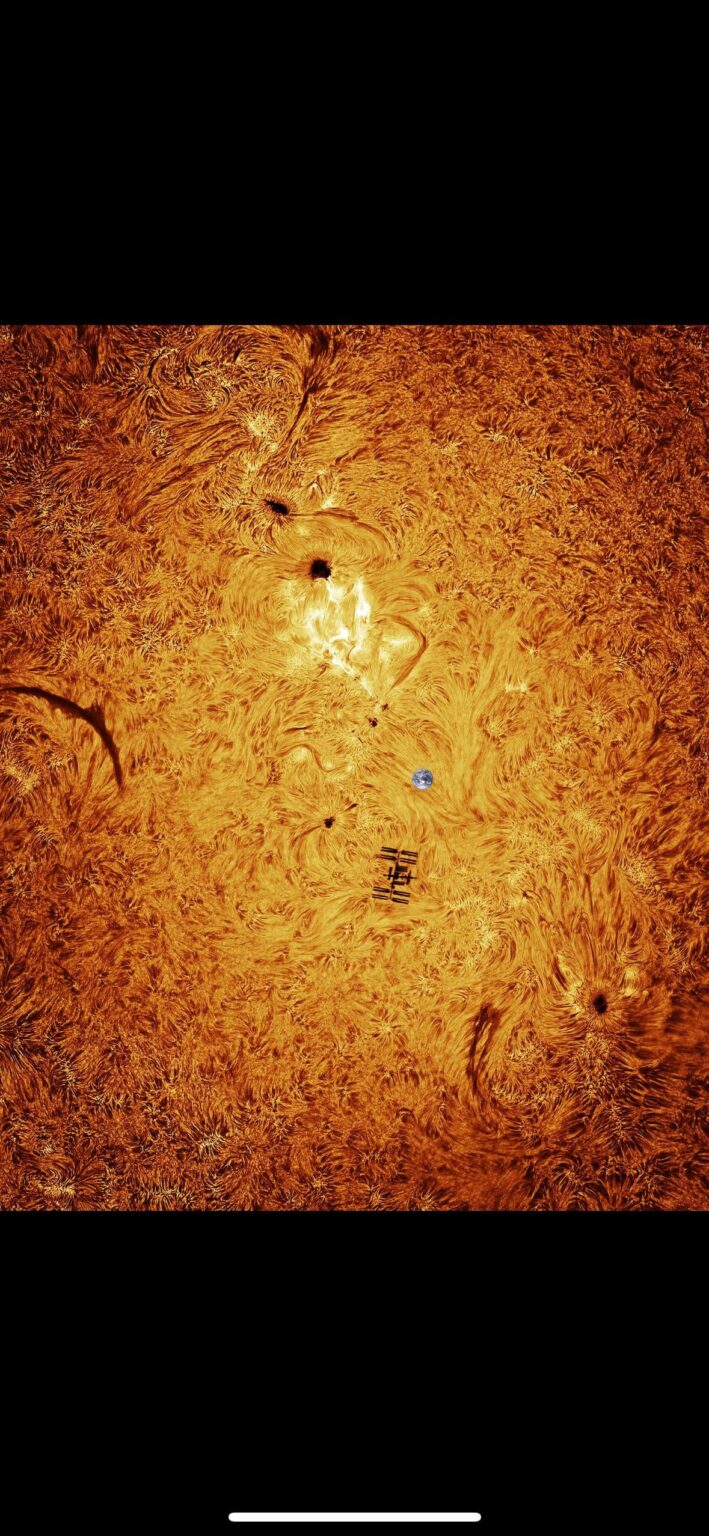 On Sunday I traveled to the middle of the Sonoran desert to capture the international space station transiting the sun while it was flaring. Earth added for scale. [OC]