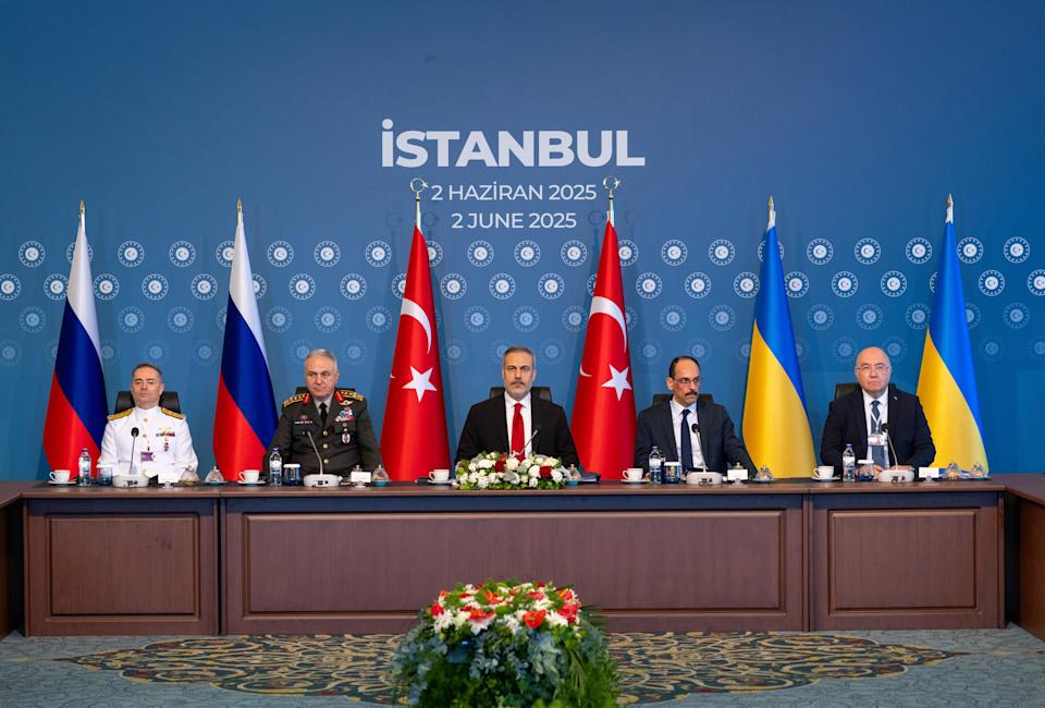 A handout image provided by the Turkish Ministry of Foreign Affairs shows members of Ukrainian and Russian delegations attending peace talks presided over by Turkish Foreign Minister Hakan Fidan (center), June 2, 2025, at the Ciragan Palace in Istanbul, Turkey. / Credit: Handout/Turkish Ministry of Foreign Affairs/Getty