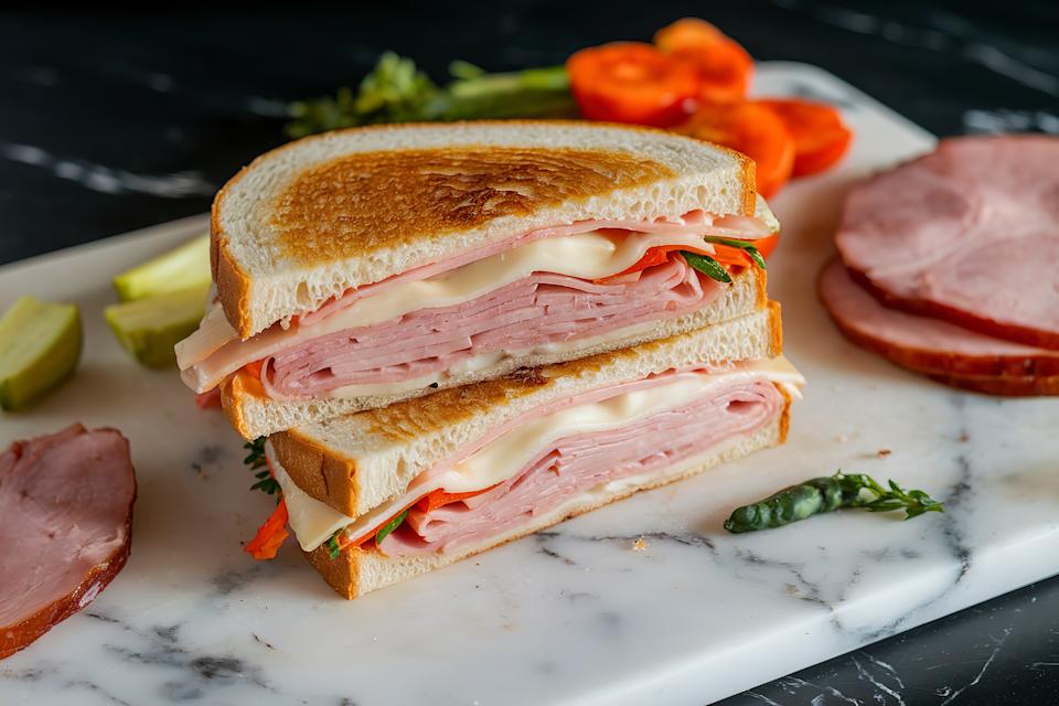 A sandwich with sliced ham, melted cheese and a fresh lettuce leaf on a marble cutting board.