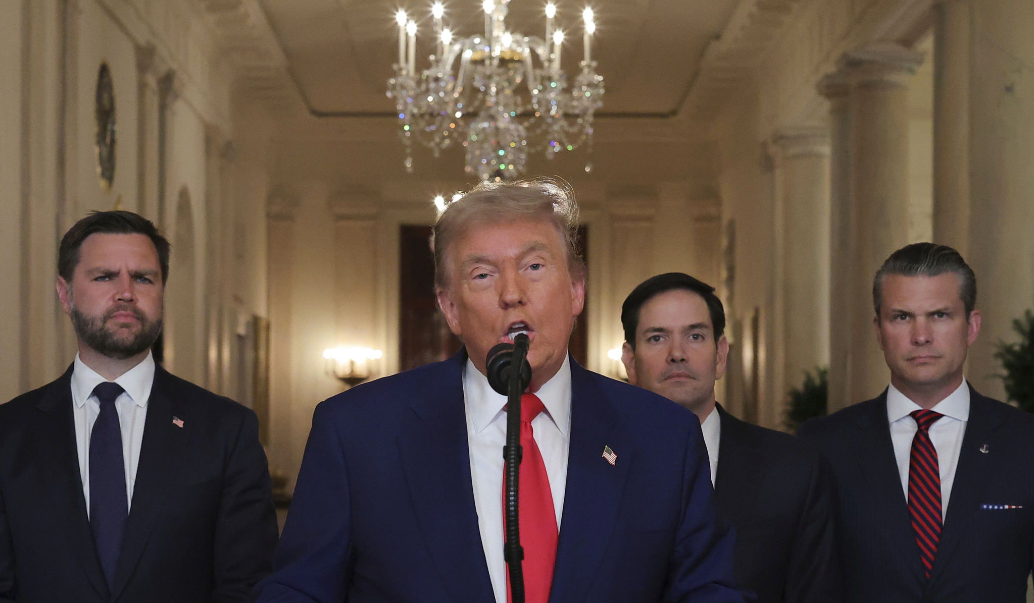 U.S. President Donald Trump, front, speaks from the East Room of the White House in Washington on June 21. [AP/YONHAP]