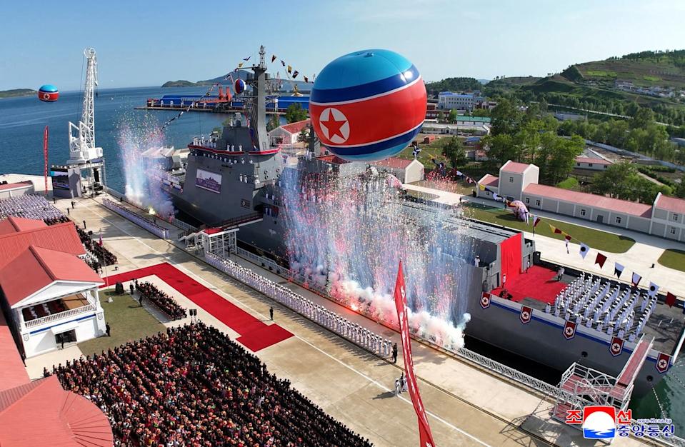 North Korea said the ship was damaged in a failed launch, sparking fury from Kim, who has vowed to build a stronger navy to cope what he calls escalating US-led threats against his country. (KCNA VIA KNS/AFP via Getty Images)