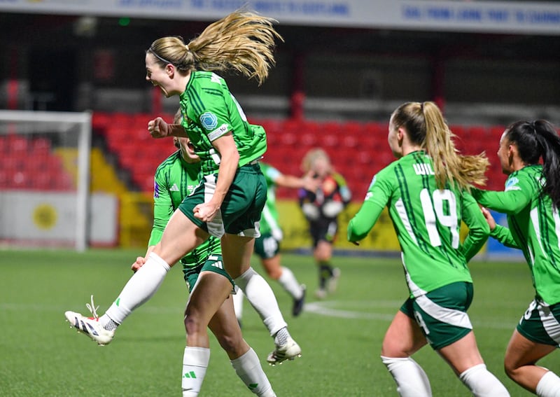 Northern Ireland captain Simone Magill celebrates scoring the winner against Bosnia & Herzegovina at Inver Park, Larne.