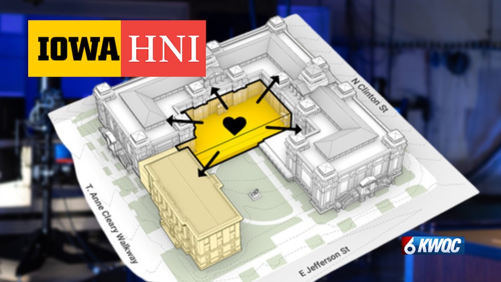 The Pappajohn Business Building (gray) will be joined with historic Gilmore Hall (pale...