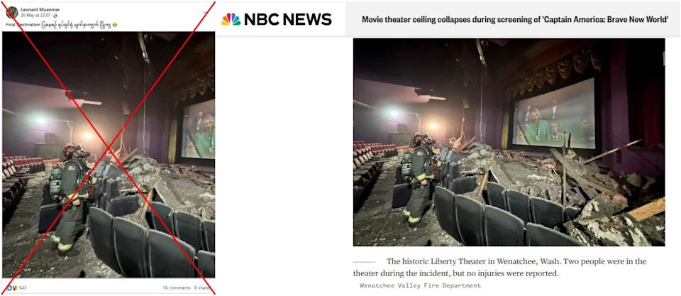 <span>Screenshot comparison of false Facebook post (L) and the picture published by NBC News</span>