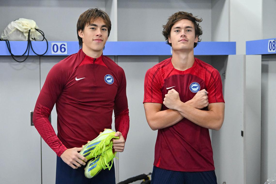 dgsoc26 - (From left) Harhys Stewart and Ryhan Stewart pose for a photo before heading out for training in Tianjin on March 25
Credit: Football Association of Singapore