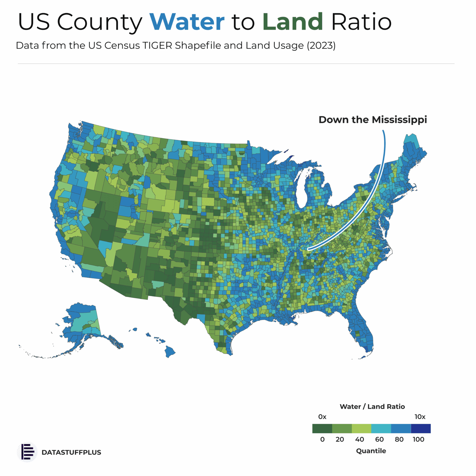 [OC] US County Water to Land Ration - UPDATED
