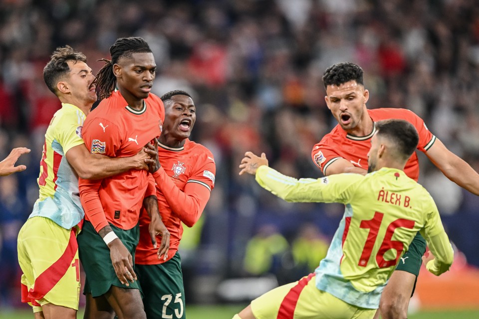 Munich, Germany - June 8: Rafael Leao of Portugal, Nuno Mendes of Portugal, Alex Baena of Spain and Goncalo Ramos of Portugal wrangle during the UEFA Nations League 2025 final match between Portugal and Spain at Munich Football Arena on June 8, 2025 in Munich, Germany. (Photo by Harry Langer/DeFodi Images/DeFodi via Getty Images)