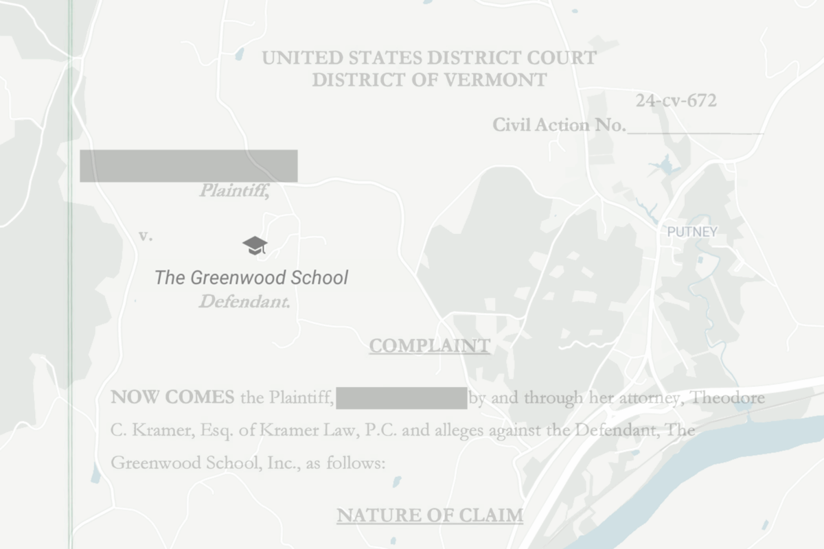 A legal document map showing the location of The Greenwood School as the defendant in a Vermont district court case, with plaintiffs' names redacted for privacy.