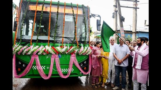 Haryana chief minister Nayab Singh Saini flagging off a bus in Charkhi Dadri on the occasion of World Environment Day on Thursday. (Sourced)