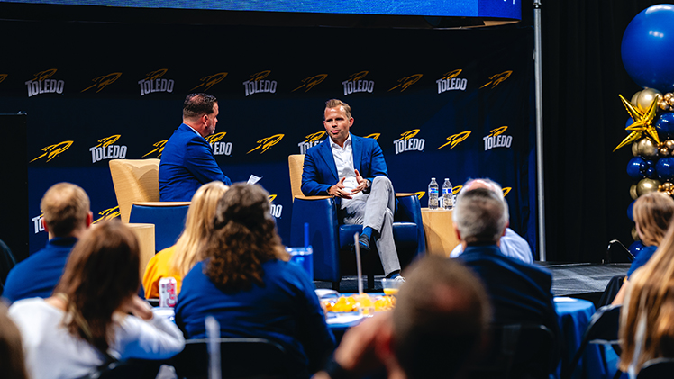 Photo of Nic Barlage, CEO of Rock Entertainment Group, which includes the Cleveland Cavaliers and Rocket Arena, at Team Toledo Partner Summit in Savage Arena on Tuesday. Barlage was the keynote speaker.