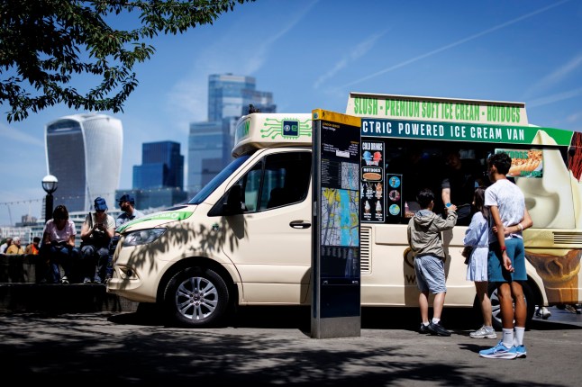 People queue for an ice-cream van during a warm day in London
