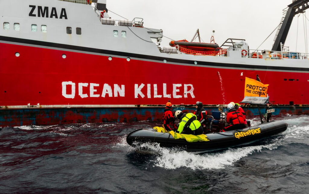 Greenpeace activists rebrand NZ bottom trawler ‘ocean killer’ on Chatham Rise