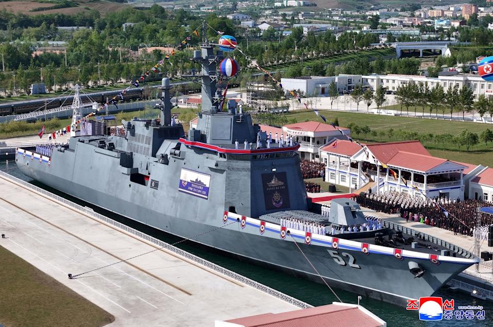 A general view of the launch ceremony for the 'Kang Kon' at the Rajin shipyard at the port near Rason in North Korea (KCNA VIA KNS/AFP via Getty Images)