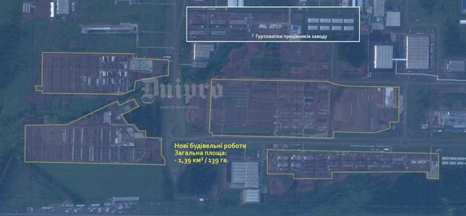 The Ukrainian Dnipro OSINT Telegram channel said this satellite image shows the construction of new dormitories at Russia’s Alabuga drone factory for additional workers. (Dnipro OSINT)