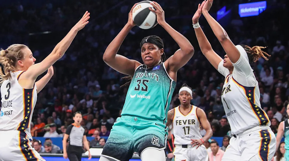 New York Liberty forward Jonquel Jones (35) controls the ball against the Indiana Fever.Wendell Cruz-USA TODAY Sports
