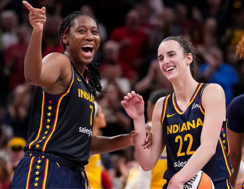 Indiana Fever stars Aliyah Boston and Caitlin Clark are all smiles during a game. © Grace Hollars&sol;IndyStar &sol; USA TODAY NETWORK