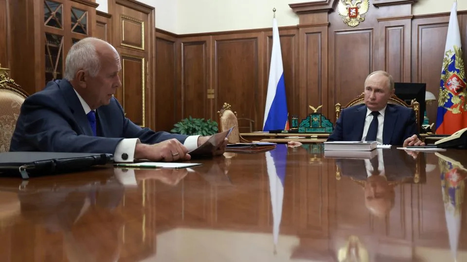 Russia's President Vladimir Putin (R) attends a meeting with Russia's state-owned defence corporation Rostec CEO Sergei Chemezov in Moscow on July 30, 2024. - Gavriil Grigorov/Pool/AFP/Getty Images