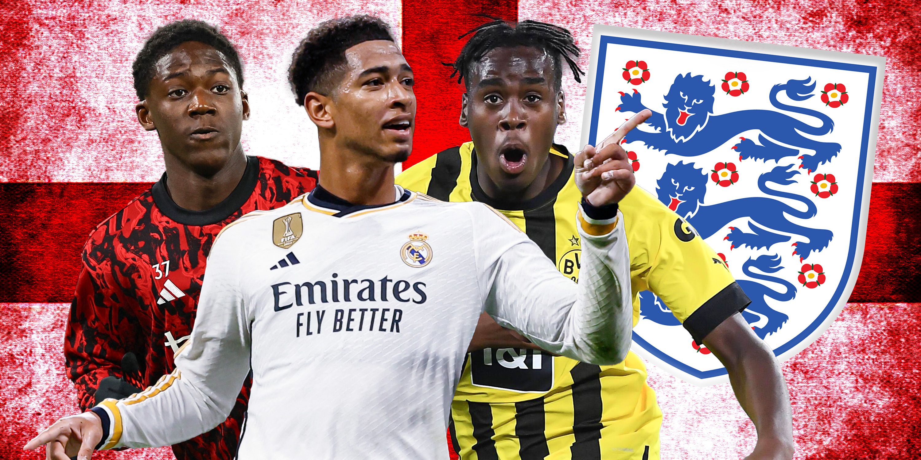 Kobbie Mainoo and Jamie Bynoe-Gittens on either side of Jude Bellingham with England football logo