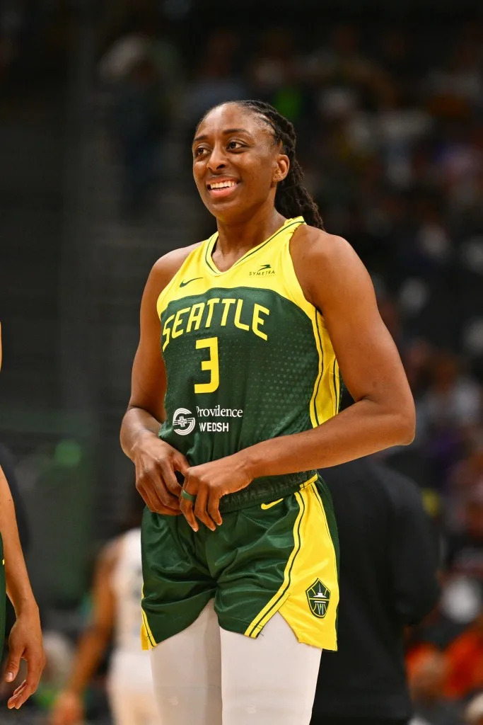 Nneka Ogwumike looks on during the Storm-Liberty game on June 22, 2025. NBAE via Getty Images