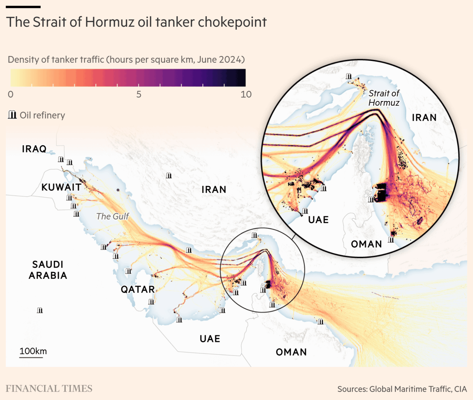 [OC] Map showing tanker traffic through the Persian Gulf and Strait of Hormuz