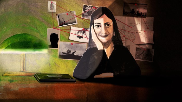 Illustration of Daphne Caruana Galizia sitting at a desk with a green desk lamp and a laptop with an investigation map strung with red string behind her on the wall