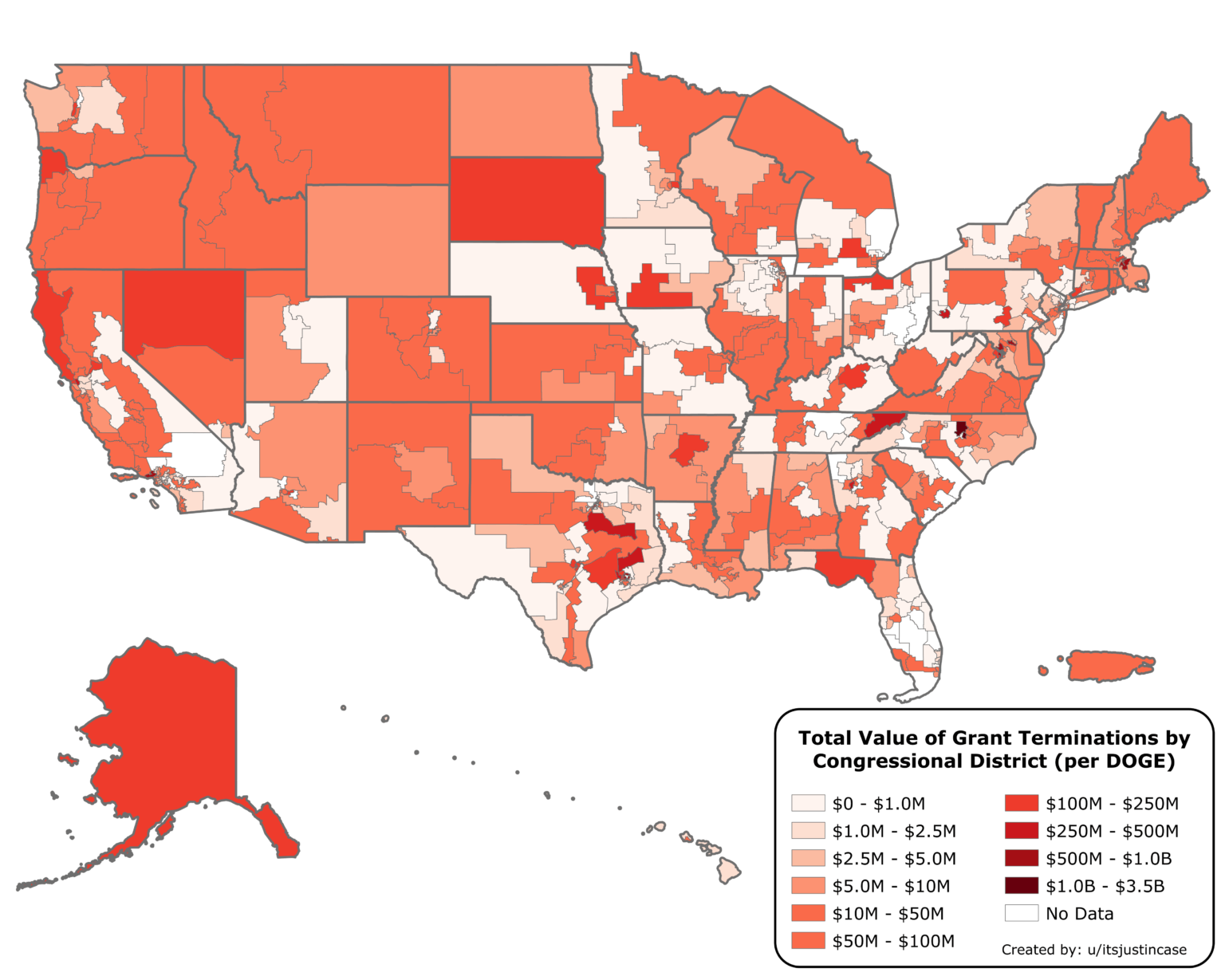Dollar Value of DOGE Cuts to US Federal Grant Programs by Congressional District [OC]