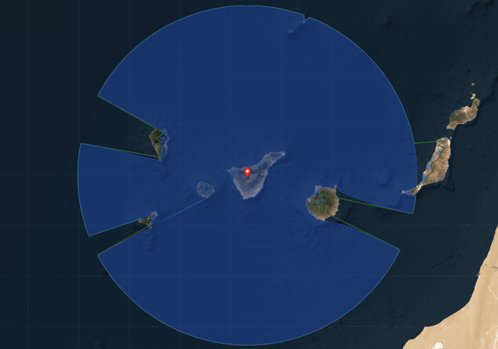 [OC] Viewshed and Annual Sun Trajectories From Spain’s Highest Peak, Teide (3,718 m)