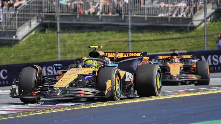 McLaren driver Lando Norris of Britain leads the race in front of McLaren driver Oscar Piastri of Australia.