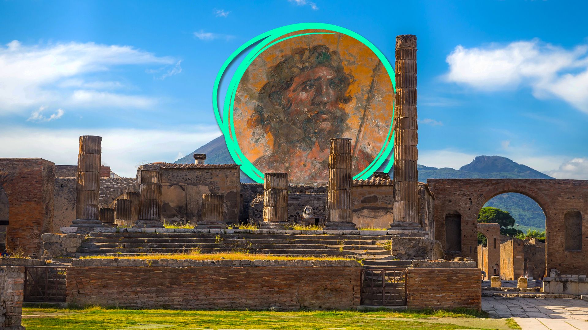 Ancient ruins of Pomeii, Italy, with a fresco featured in the background