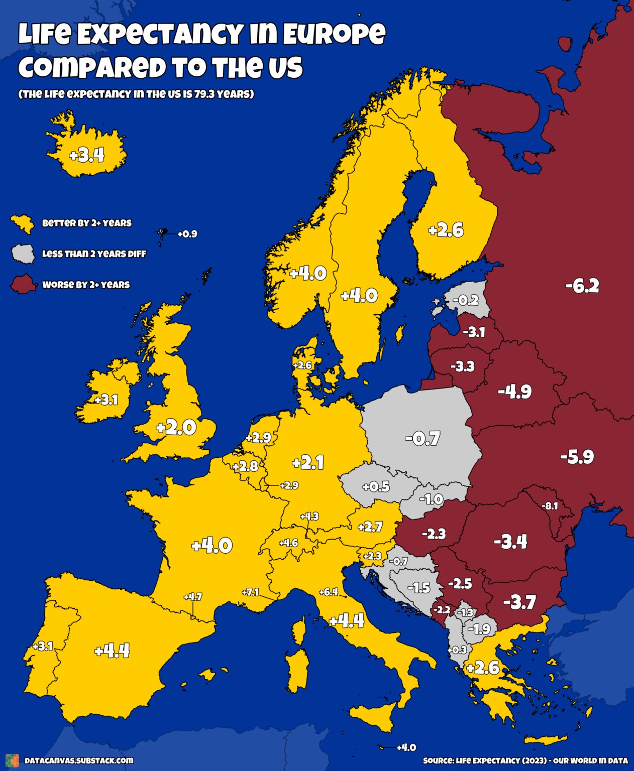 [OC] Life Expectancy in Europe Compared to the US: Which Europeans can expect to live longer than Americans?