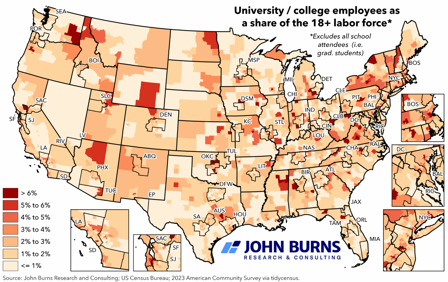 University / College Employees as a Share (%) of the 18+ Labor Force [OC]