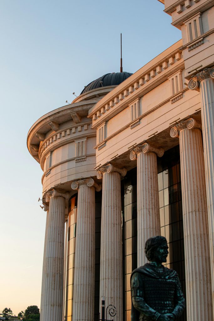 architecture and statue in the centre of Skopje, North Macedonia