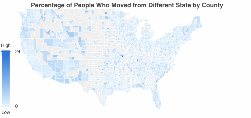 [OC] Percentage of Population That Moved From a Different State in the Past Year by County (2023)