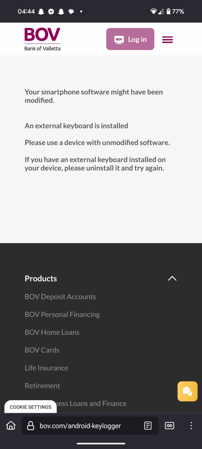 BOV app will not let you log in if you're using 3rd party keyboard software.