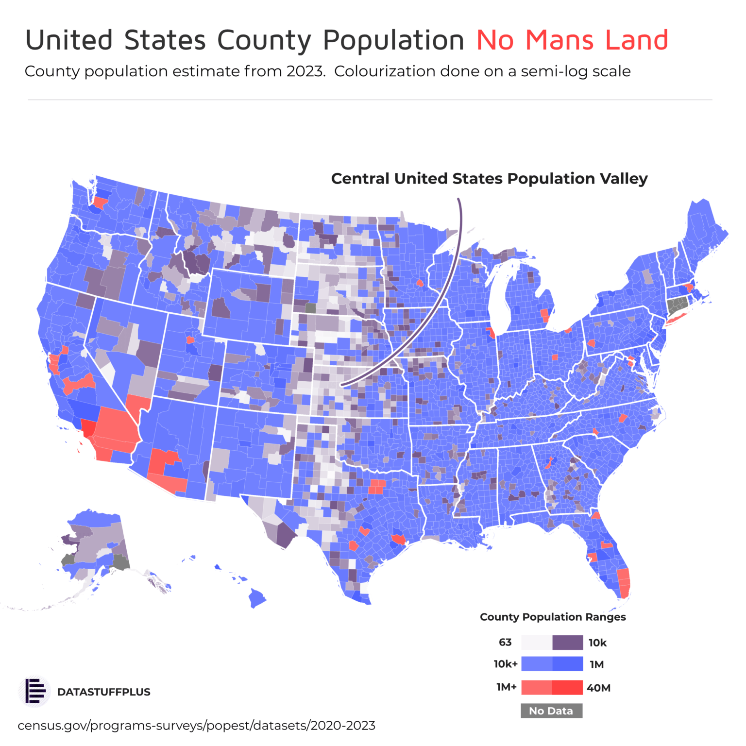 [OC] A look at United States county ty population (2023 via census.gov)