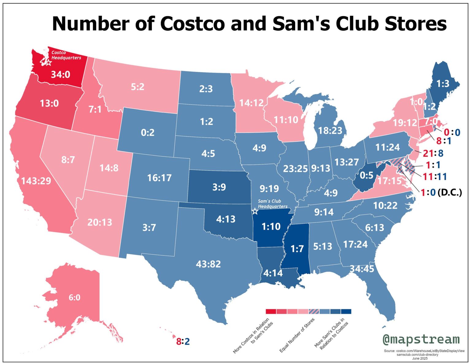 [OC] Comparing Costco and Sam’s Club Store Numbers in the US