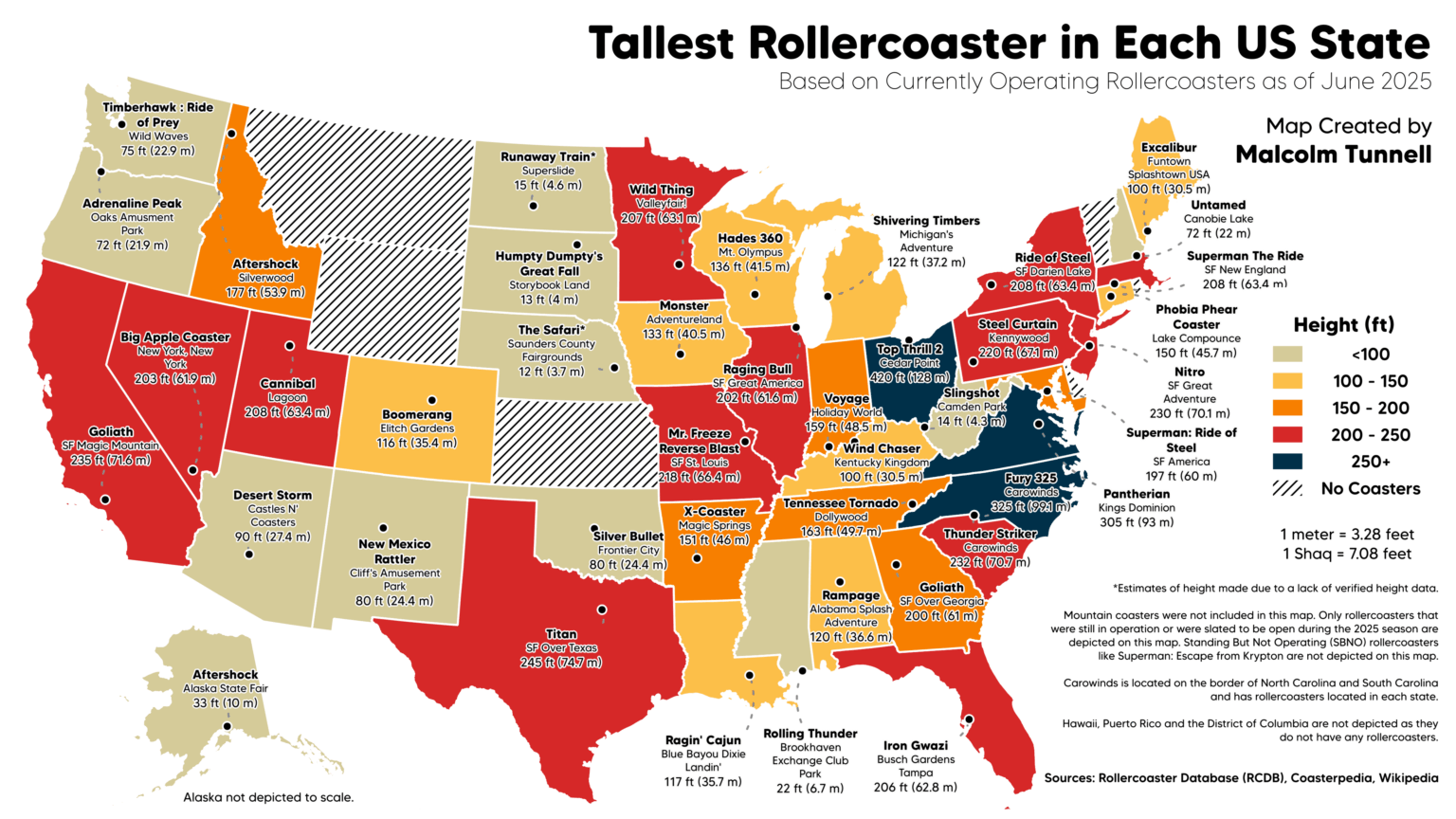 [OC] Tallest Rollercoaster in Each US State as of June 2025