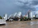 One of three tornados confirmed to have touched down in Saskatchewan the evening of June 29, 2022 ripped through Ross Lamb's farm just west of Foam Lake, where nine grain bins, a garage door, three augers, shingles and siding, power and gas lines, and the end wall of the shop were all damaged. Photo supplied by Ross Lamb.