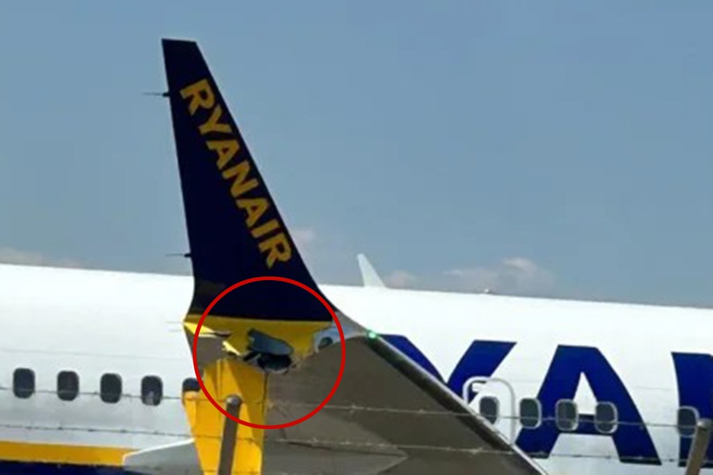 Damaged Ryanair plane wing after landing.