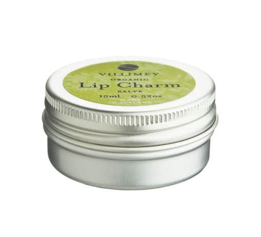 Villimey Organic Lip Charm Salve in a silver tin with a green label on a white background.