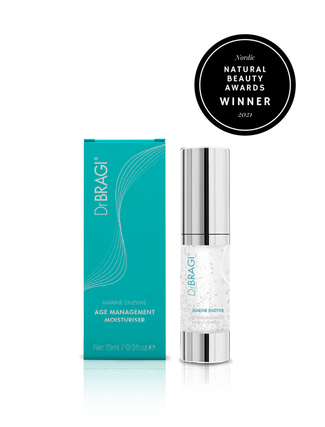 Dr. BRAGI Marine Enzyme Age Management Moisturiser bottle and box, a Nordic Natural Beauty Awards winner.